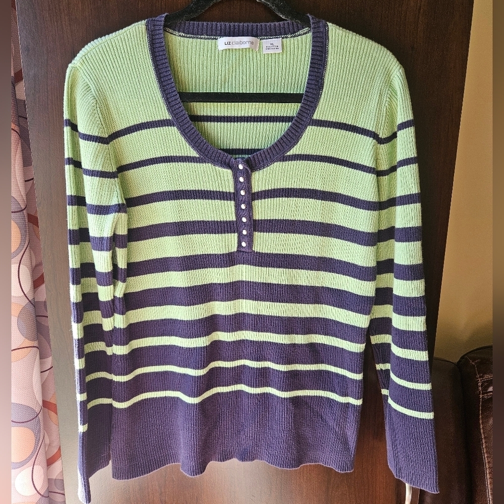 Liz Claiborne Green and Navy Striped Sweater 100% Cotton